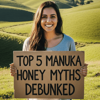 Top 5 Manuka Honey Myths debunked - woman holding a sign 